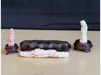 Three Miniature Carved Blush Coral Decorative Items Featuring Buddha, Chinese Beauty & Lucky Dragon