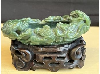 Carved Chinese Green Marble Dish With Dragons On Wood Stand