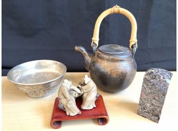 Lot With Mongolian Silver Color Bowl, Teapot, Clay Figures & Jasper Ware Column