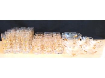 Set Of Cristal De Settat Gold Etched Glassware With Mid Century Inspired Design