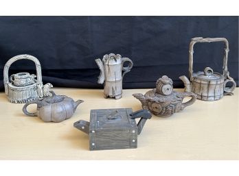 Group Of 6 Decorative Terra Cotta Miniature Teapots With Natural Motifs