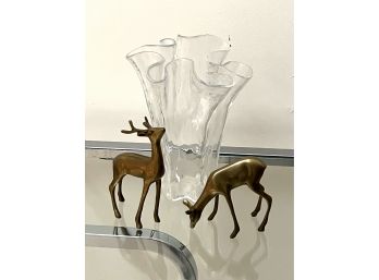 Pair Of Brass Decorative Deer & Glass Handkerchief Vase