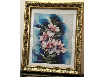 Floral Painting On Silk Signed ZiZa In Gold Frame