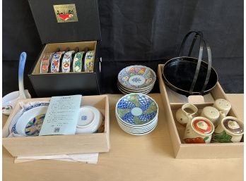 Lot Of Asian Serving Pieces With Japanese Sushi Plates, Small Bowls & Small Painted Dishes