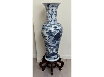 Beautiful Oversized Blue & White Vase With Birds & Bamboo Forest On Wood Stand