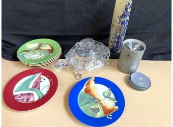 Large Bohemian Glass Turtle Box, Swarovski Butterfly, Art Glass Vase & 6 Limoges Fruit Plates