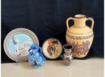 Lot Of Greek Souvenirs With Hand Made Pitcher Ceramic Decorative Items & Painted Copper Plate