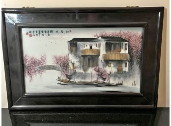 Hand Painted Porcelain Plaque Of House On The River With Cherry Blossoms & Boats With Chinese Signature
