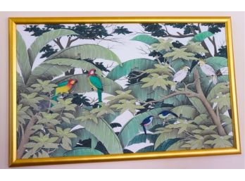 Brilliant Oversized Lively Painting On Cloth Of Exotic Parrots In Jungle Trees With Modern Gold Frame