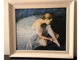 Very Pretty Realistic Style Painting Of A Ballerina Tying Her Slipper