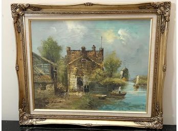 Landscape Painting With Small Castle & Windmill Signed Hubert