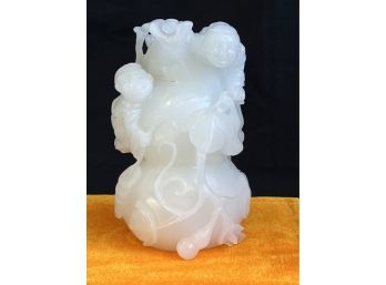 Interesting Gourd Shaped Carved White Jade Sculpture Of Chinese Children In Glass Presentation Box