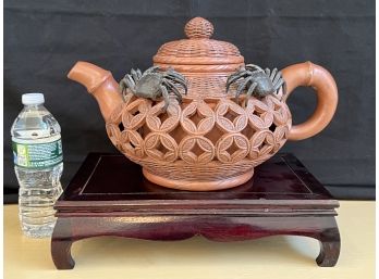 Amazing Oversized Terra Cotta Teapot On Stand With Bamboo Style Pierced Exterior & Climbing Crabs