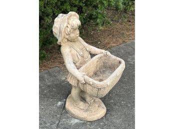 Adorable Outdoor Cement Statue Of Girl Carrying A Basket