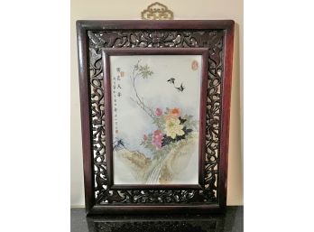 Hand Painted Porcelain Plaque Of Flowers In Carved Frame With Chinese Signature