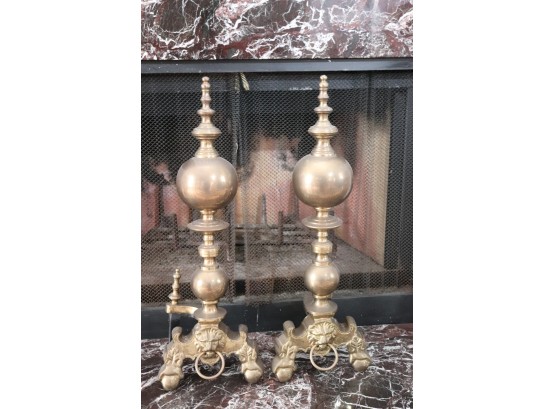 Pair Of Oversized Antique Brass Andirons