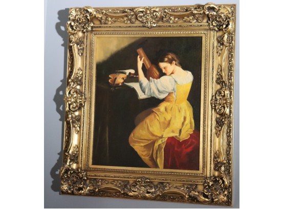 Vintage Reproduction Oil On Canvas Painting In Carved & Gilded Ornate Frame
