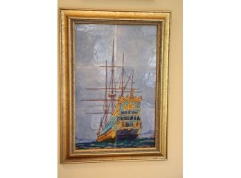Hand Painted Tile Artwork Of Large Sail Ship In Gold Painted Frame