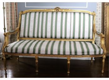 Vintage Louis XVI Style Settee Bench With Gilded Frame & Upholstered Spring Cushion