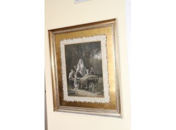 Signed Vintage Italian Print With Intricate Gold Surround In Silvered Frame