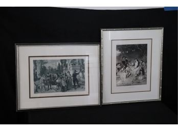 Pair Of Timeless Black & White Prints In Antiqued Silver & Black Frames