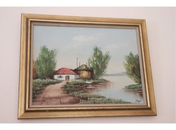 Signed Vintage Painting On Canvas In Gold Painted Frame