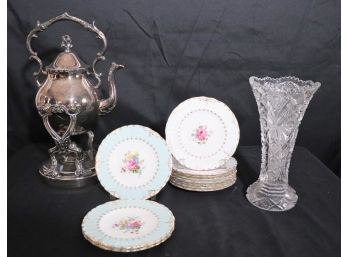 11 Royal Crown Derby Petit Four Plates, Cut Crystal Vase & English Silver Plate Teapot & Holder