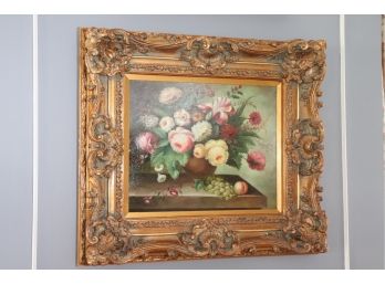 Classic Floral Still-Life Oil Painting On Canvas In Ornate Carved & Gilded Frame