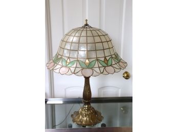 Vintage Tiffany Style Table Lamp With Capiz Shell & Brass Lamp Shade