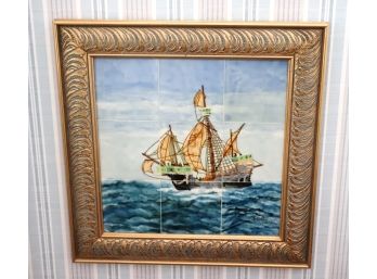 Classic Large Sail Ship On Hand Painted Tile In Gold Frame