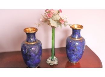 Pair Of Beautiful Brass Cloisonne Vases In Blue & Purple