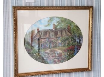Signed Artwork Of English Thatched Countryside Estate In Antiqued Ornate Gold Fram