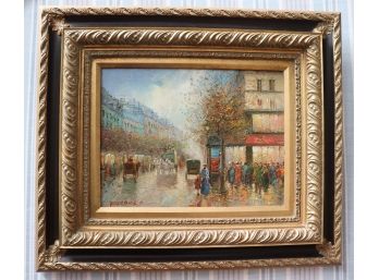 Vintage Parisian Street Scene Oil Painting In Ornate Wood Frame