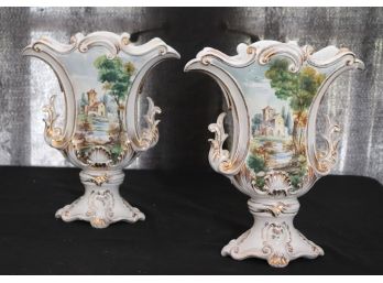 Pair Of Hand Painted Italian Ceramic Vases With Gold Painted Trim