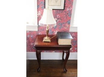 Queen Anne Style Side Table, Brass Finished Candlestick Lamp & Websters Dictionary