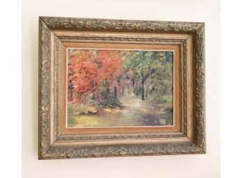 Vintage Oil On Board Fall Landscape In Antiqued Wood Frame