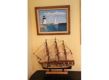 Signed Original Painting On Canvas With A Large Sail Ship Model
