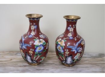 Pair Of Vintage Brass Cloisonne Vases