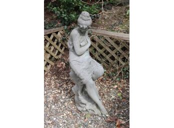 Fabulous Vintage Cement Sculpture Of Female Leaning On Rock