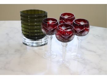 4 Vintage Bohemian Glass Wine Glasses & Modern Green Glass Vase
