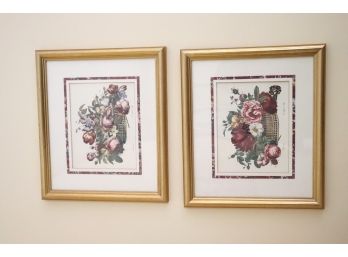 Pair Of Floral Arrangement Prints In Gold Frames