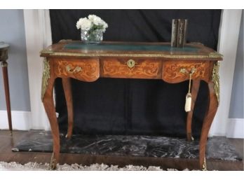Vintage Italian Style Marquetry Inlay Veneer Desk With Ornate Brass Decoration