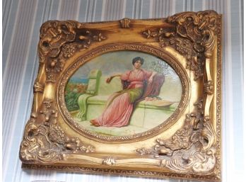 Antique Painting On Board In Antiqued Carved Wood Frame