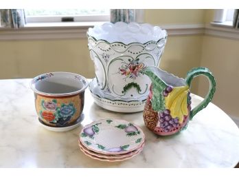 Colorful Assortment Of Ceramic Pieces  Planters, Pitcher And Plates