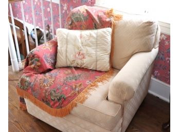 Vintage Ethan Allan Roll Arm Club Chair With Fringed Paisley Throw