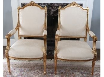 Pair Of Louis XVI Style Creme Jacquard Upholstered Armchairs