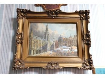 Signed E Nevil Original Watercolor Framed Under Glass In Antiqued Carved Wood Frame