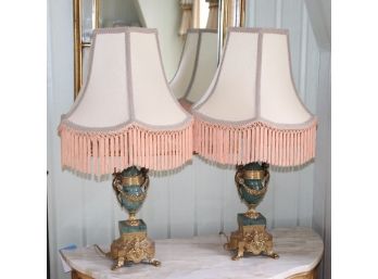Pair Of Ornate Brass & Green Marble Table Lamps With Embellished Lampshades