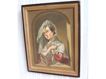 Vintage Unsigned Painting Of Female Praying In Wood Frame