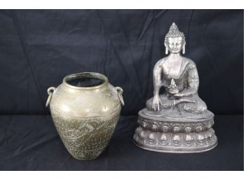Intricate Silver Finish Buddha Sculpture & Engraved Vintage Brass Vase
